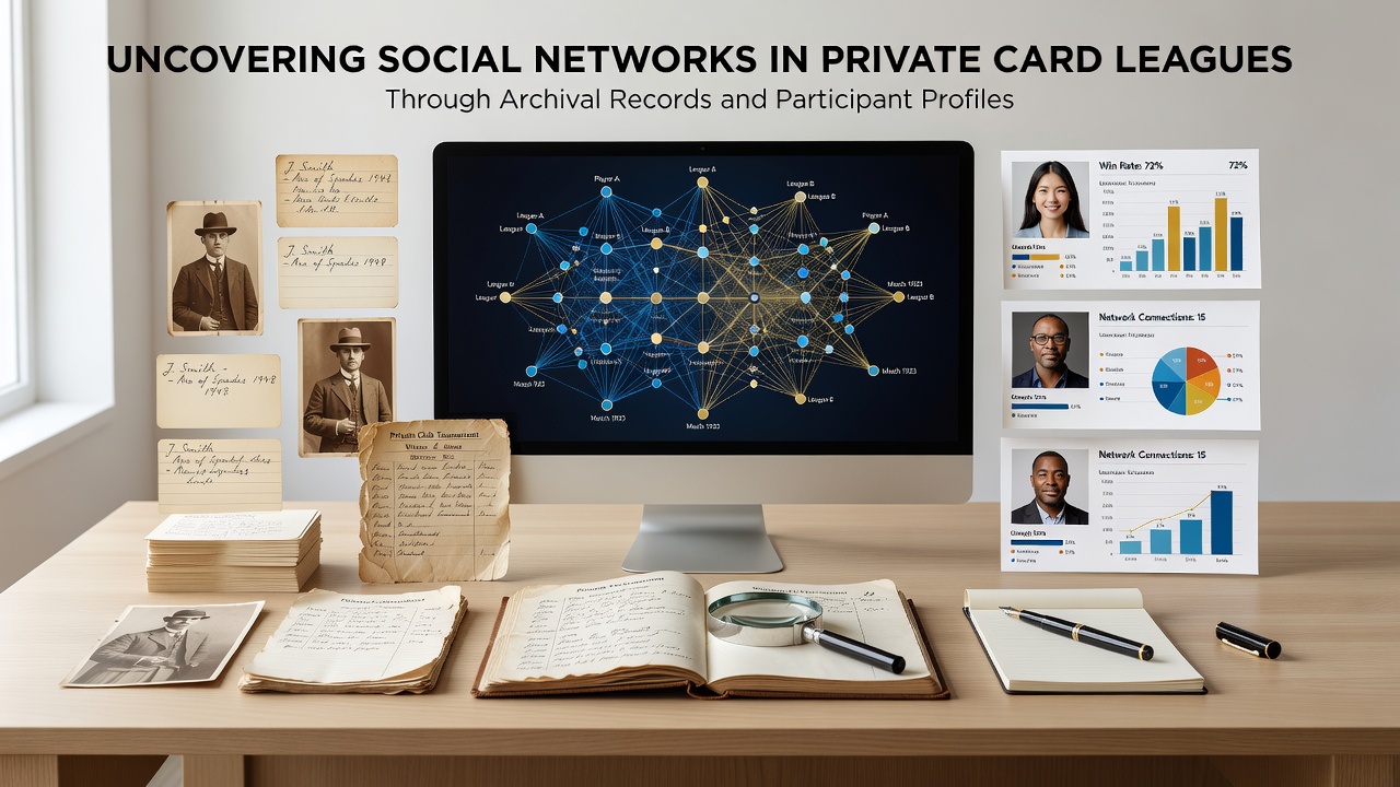 Detailed participant profiles and network diagrams displayed on archival paper, illustrating connections in private card leagues